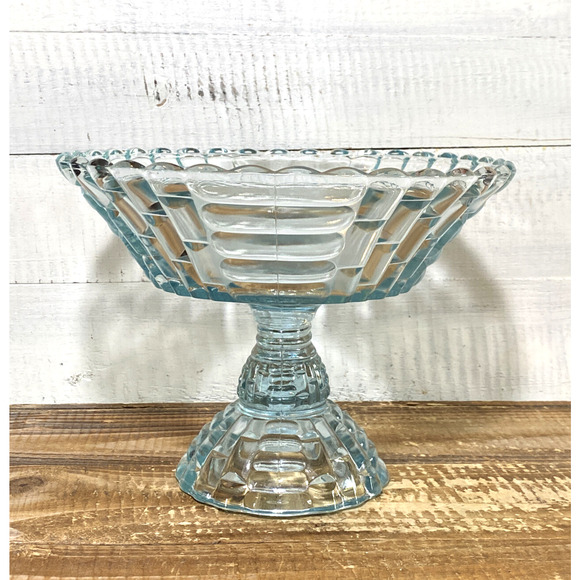 Vintage 1950's Jeannette Glass Louisa Star Lite Blue Footed Compote Bowl 9" Dia - Picture 6 of 12